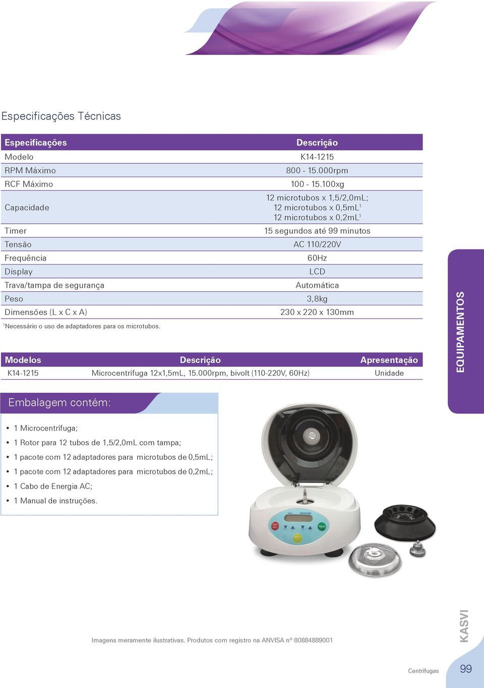 uso de adaptadores para os microtubos. 60Hz LCD Automática 3,8kg 230 x 220 x 130mm Modelos Apresentação K14-1215 Microcentrífuga 12x1,5mL, 15.