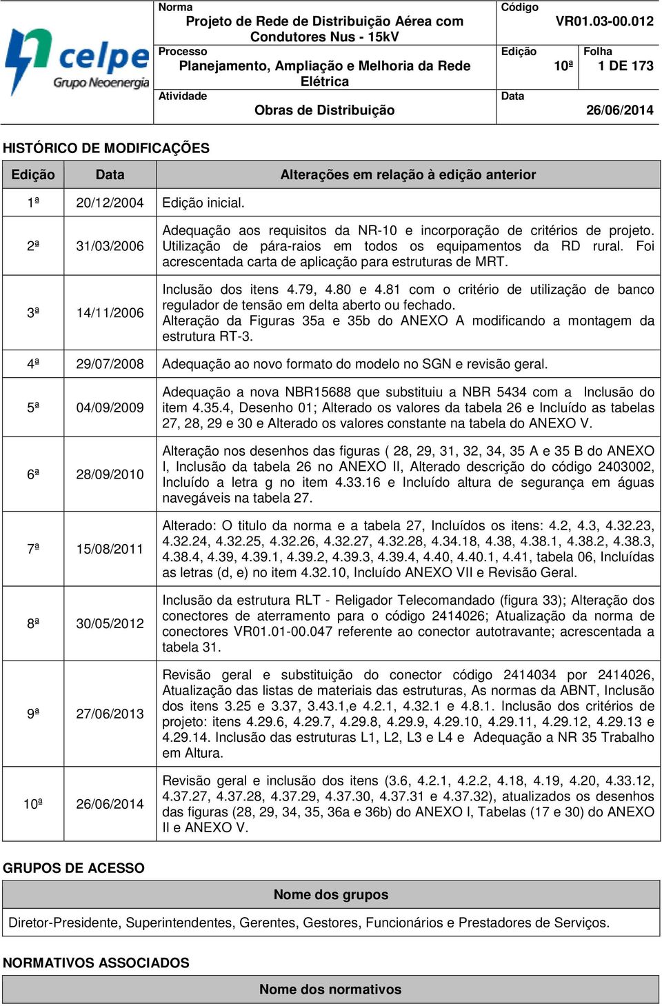 2ª 31/03/2006 3ª 14/11/2006 Adequação aos requisitos da NR-10 e incorporação de critérios de projeto. Utilização de pára-raios em todos os equipamentos da RD rural.