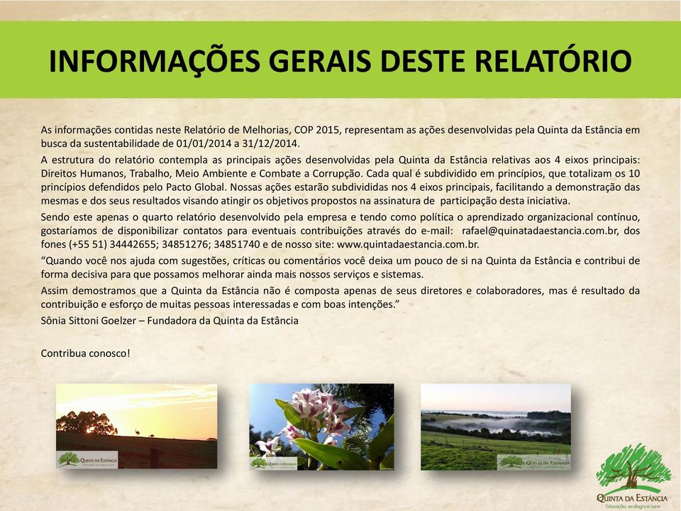 A estrutura do relatório contempla as principais ações desenvolvidas pela Quinta da Estância relativas aos 4 eixos principais: Direitos Humanos, Trabalho, Meio Ambiente e Combate a Corrupção.