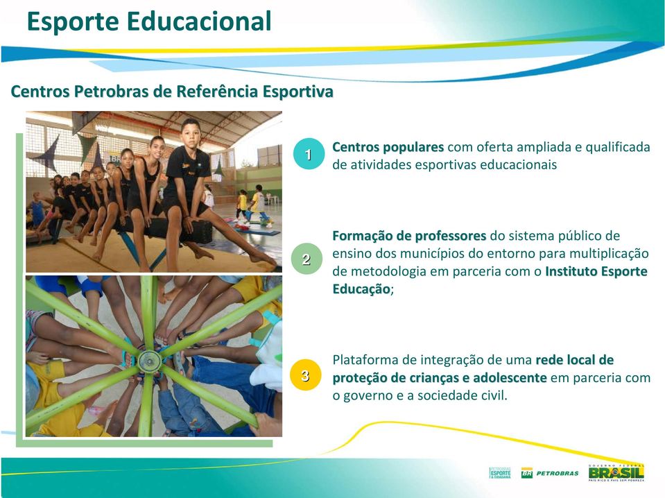 municípios do entorno para multiplicação de metodologia em parceria com o Instituto Esporte Educação ão; 3