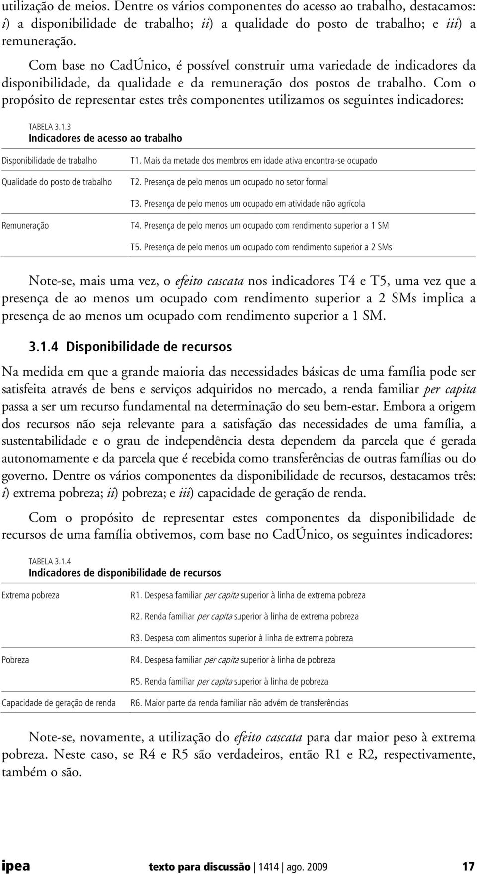 Com o propósito de representar estes três componentes utilizamos os seguintes indicadores: TABELA 3.1.3 Indicadores de acesso ao trabalho Disponibilidade de trabalho Qualidade do posto de trabalho T1.