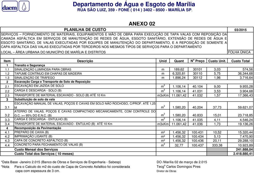 ÁGUA, ESGOTO SANITÁRIO, EXTENSÃO DE REDES DE ÁGUA E ESGOTO SANITÁRIO, DE VALAS EXECUTADAS POR EQUIPES DE MANUTENÇÃO DO DEPARTAMENTO, E A REPOSIÇÃO DE SOMENTE A CAPA ASFALTICA DAS VALAS EXECUTADAS POR