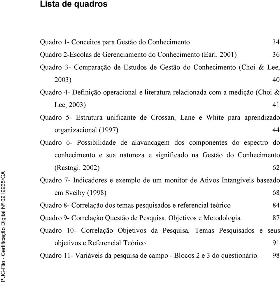 (1997) 44 Quadro 6- Possibilidade de alavancagem dos componentes do espectro do conhecimento e sua natureza e significado na Gestão do Conhecimento (Rastogi, 2002) 62 Quadro 7- Indicadores e exemplo