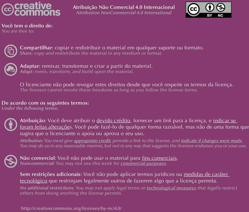 Share: copy and redistribute the material in any medium or format. Adaptar: remixar, transformar e criar a partir do material. Adapt: remix, transform, and build upon the material.