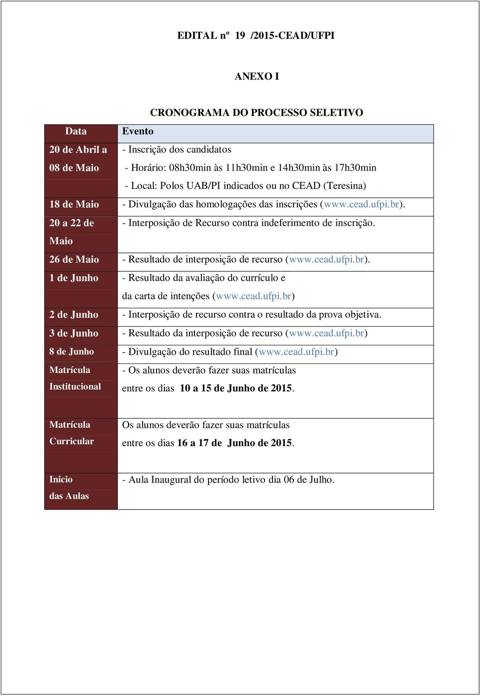 Maio 26 de Maio - Resultado de interposição de recurso (www.cead.ufpi.br). 1 de Junho - Resultado da avaliação do currículo e da carta de intenções (www.cead.ufpi.br) 2 de Junho - Interposição de recurso contra o resultado da prova objetiva.