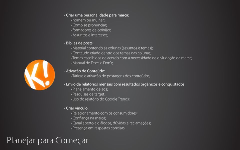 e ativação de postagens dos conteúdos; - Envio de relatórios mensais com resultados orgânicos e conquistados: Planejamento de ads; Pesquisas de target ; Uso do relatório do Google