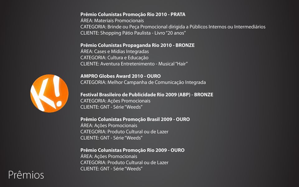 CATEGORIA: Melhor Campanha de Comunicação Integrada Festival Brasileiro de Publicidade Rio 2009 (ABP) - BRONZE CATEGORIA: Ações Promocionais CLIENTE: GNT - Série Weeds Prêmio Colunistas Promoção