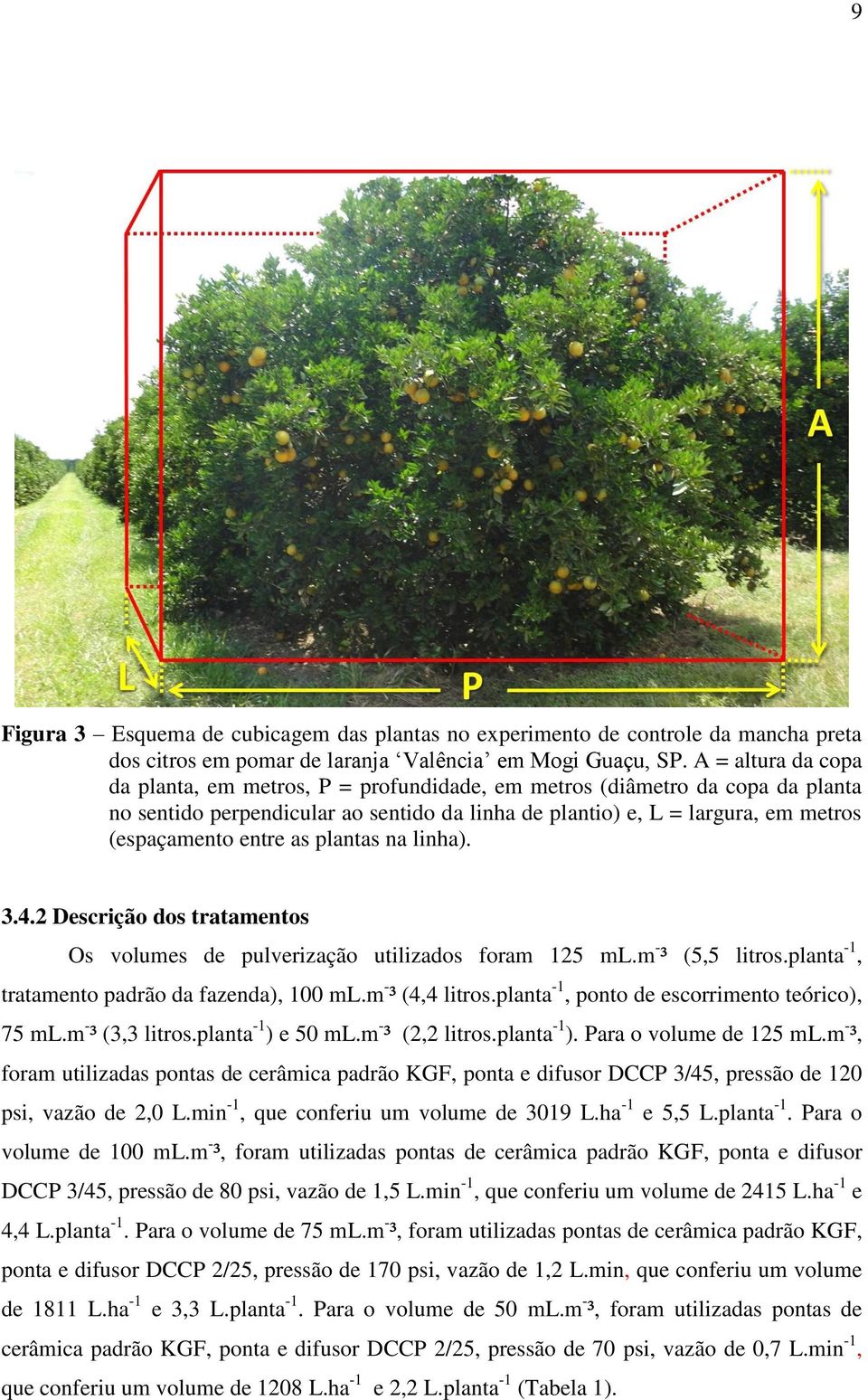 as plantas na linha). 3.4.2 Descrição dos tratamentos Os volumes de pulverização utilizados foram 125 ml.m - ³ (5,5 litros.planta -1, tratamento padrão da fazenda), 100 ml.m - ³ (4,4 litros.