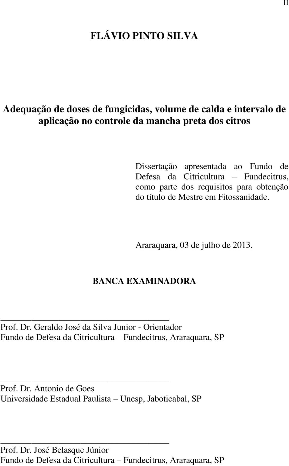 Araraquara, 03 de julho de 2013. BANCA EXAMINADORA Prof. Dr.