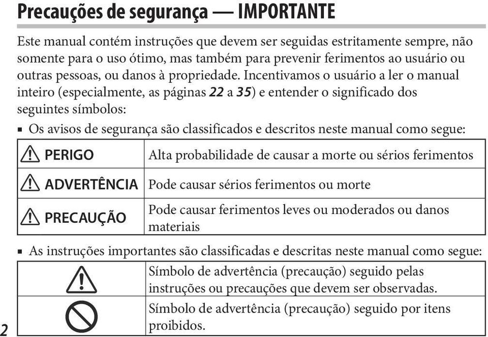 Incentivamos o usuário a ler o manual inteiro (especialmente, as páginas 22 a 35) e entender o significado dos seguintes símbolos: Os avisos de segurança são classificados e descritos neste manual