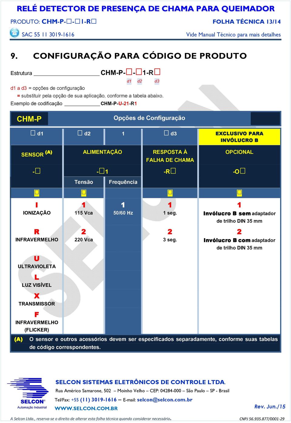 Exemplo de codificação CHM-P-U-21-R1 CHM-P Opções de Configuração d1 d2 1 d3 EXCUSIVO PARA INVÓUCRO B SENSOR (A) AIMENTAÇÃO RESPOSTA À OPCIONA FAHA DE CHAMA - - 1 -R -O Tensão Frequência