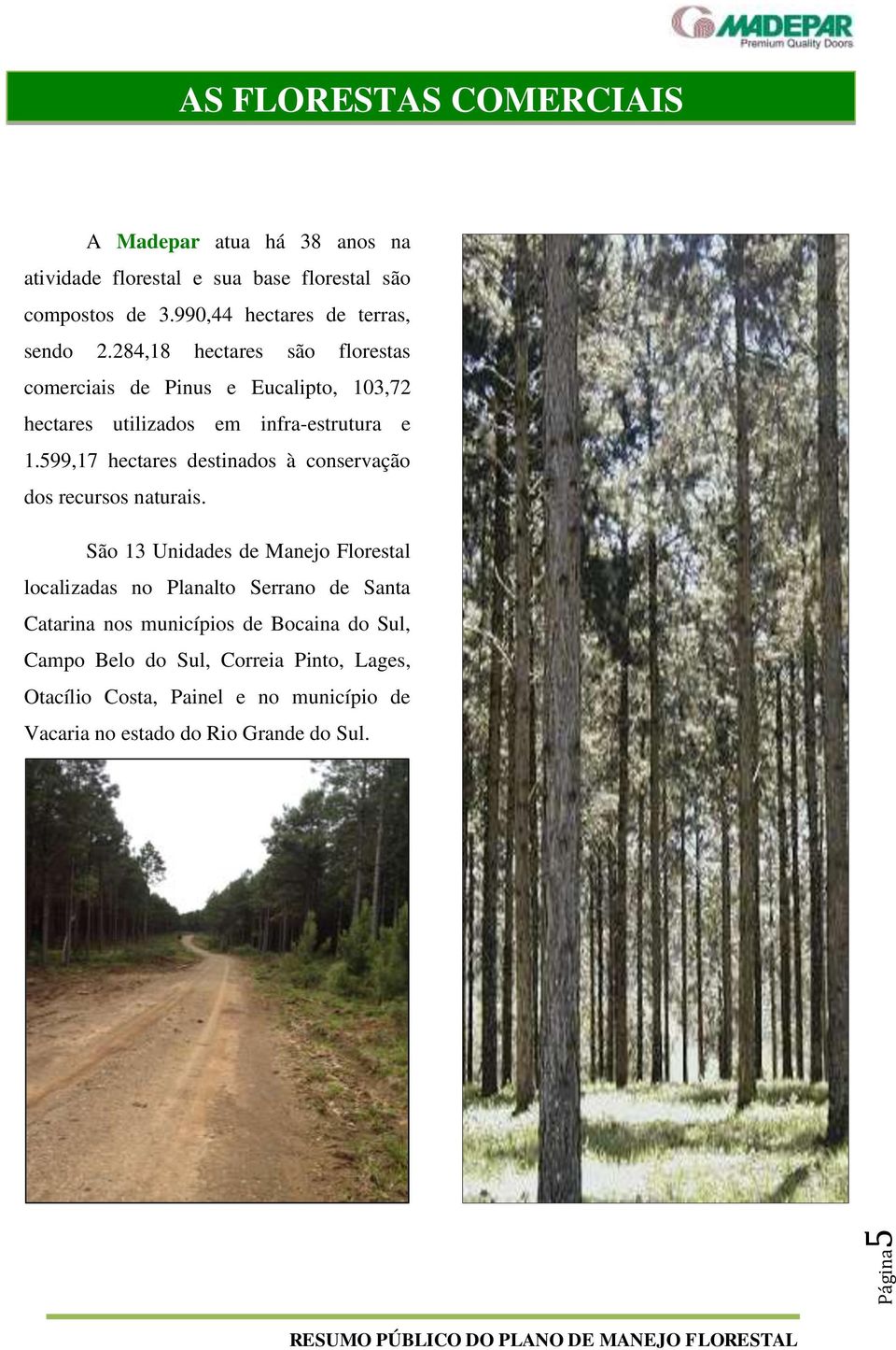 284,18 hectares são florestas comerciais de Pinus e Eucalipto, 103,72 hectares utilizados em infra-estrutura e 1.