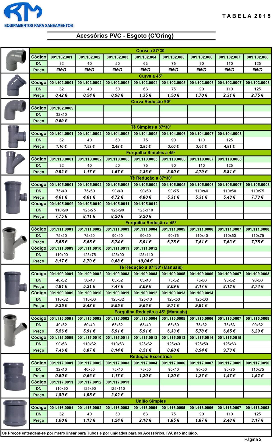 0009 DN 32x40 0,59 Tê Simples a 87º30' 001.104.0001 001.104.0002 001.104.0003 001.104.0005 001.104.0006 001.104.0007 001.104.0008 DN 32 40 50 75 90 110 125 1,10 1,59 2,48 2,85 3,00 3,64 4,81 Forquilha Simples a 45º 001.