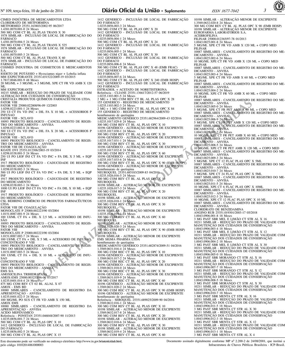 143810070005-3 24 Meses 500 MG COM CT BL AL PLAS TRANS X 60 1978 SIMILAR - INCLUSÃO DE LOCAL DE FABRICAÇÃO DO FÁRMACO COSMED INDUSTRIA DE COSMETICOS E MEDICAMENTOS SA IODETO DE POTÁSSIO + Hyosciamus