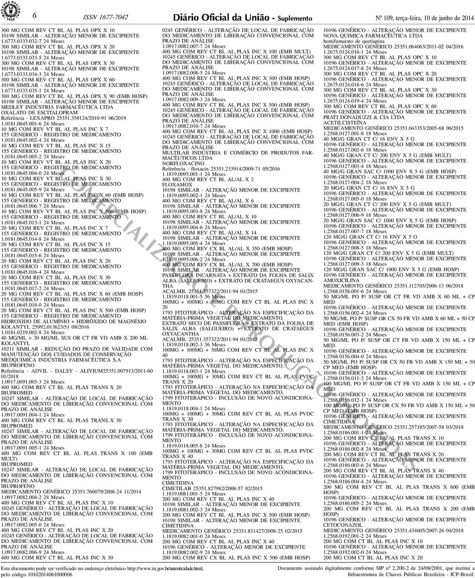 DE ESCITALOPRAM Referência - LEXAPRO 25351358124/2010-91 06/2019 101810645001-6 24 Meses 10 MG COM REV VT BL AL PLAS INC X 7 101810645002-4 24 Meses 10 MG COM REV VT BL AL PLAS INC X 15