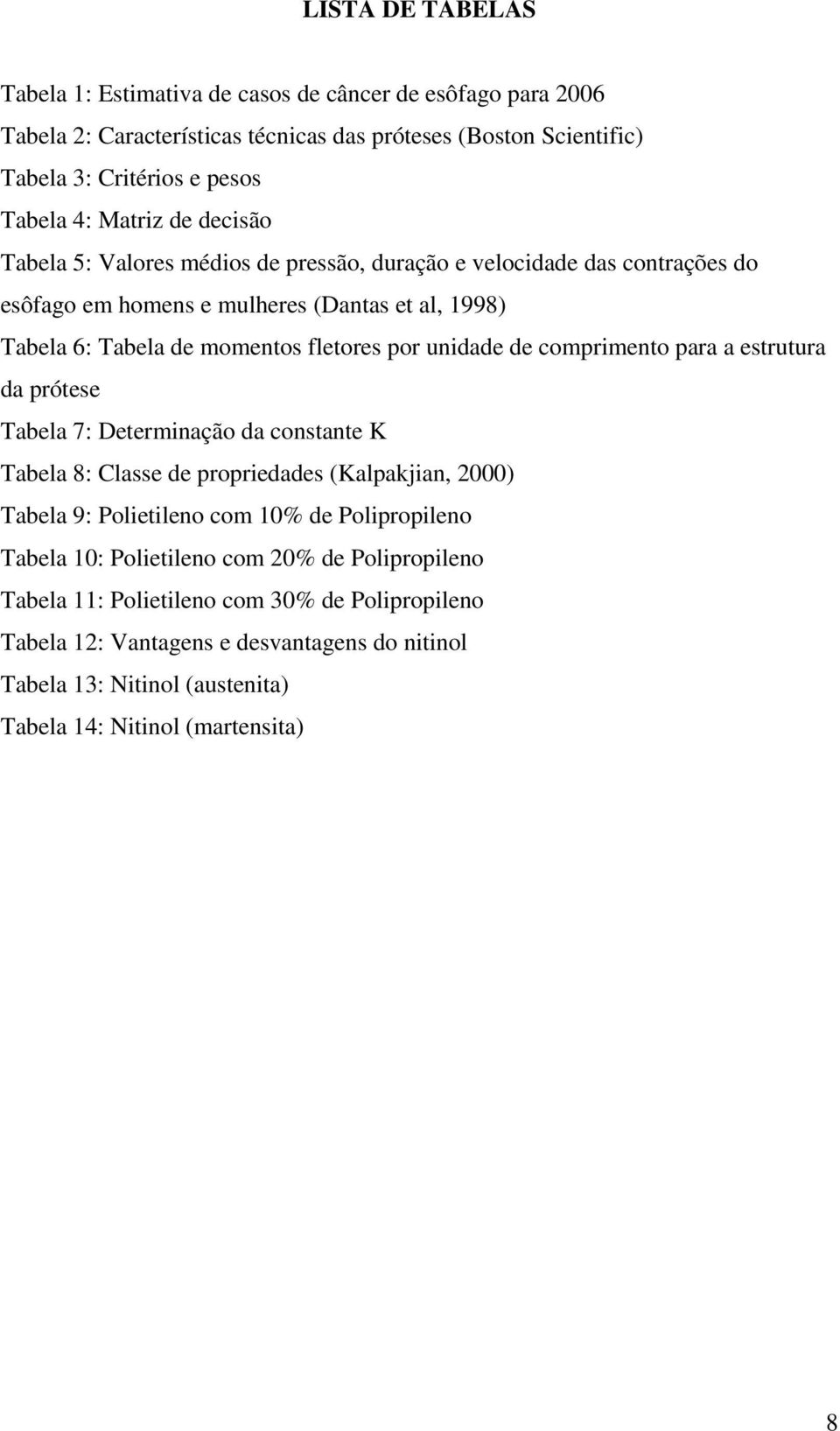 comprimento para a estrutura da prótese Tabela 7: Determinação da constante K Tabela 8: Classe de propriedades (Kalpakjian, 000) Tabela 9: Polietileno com 10% de Polipropileno Tabela 10: