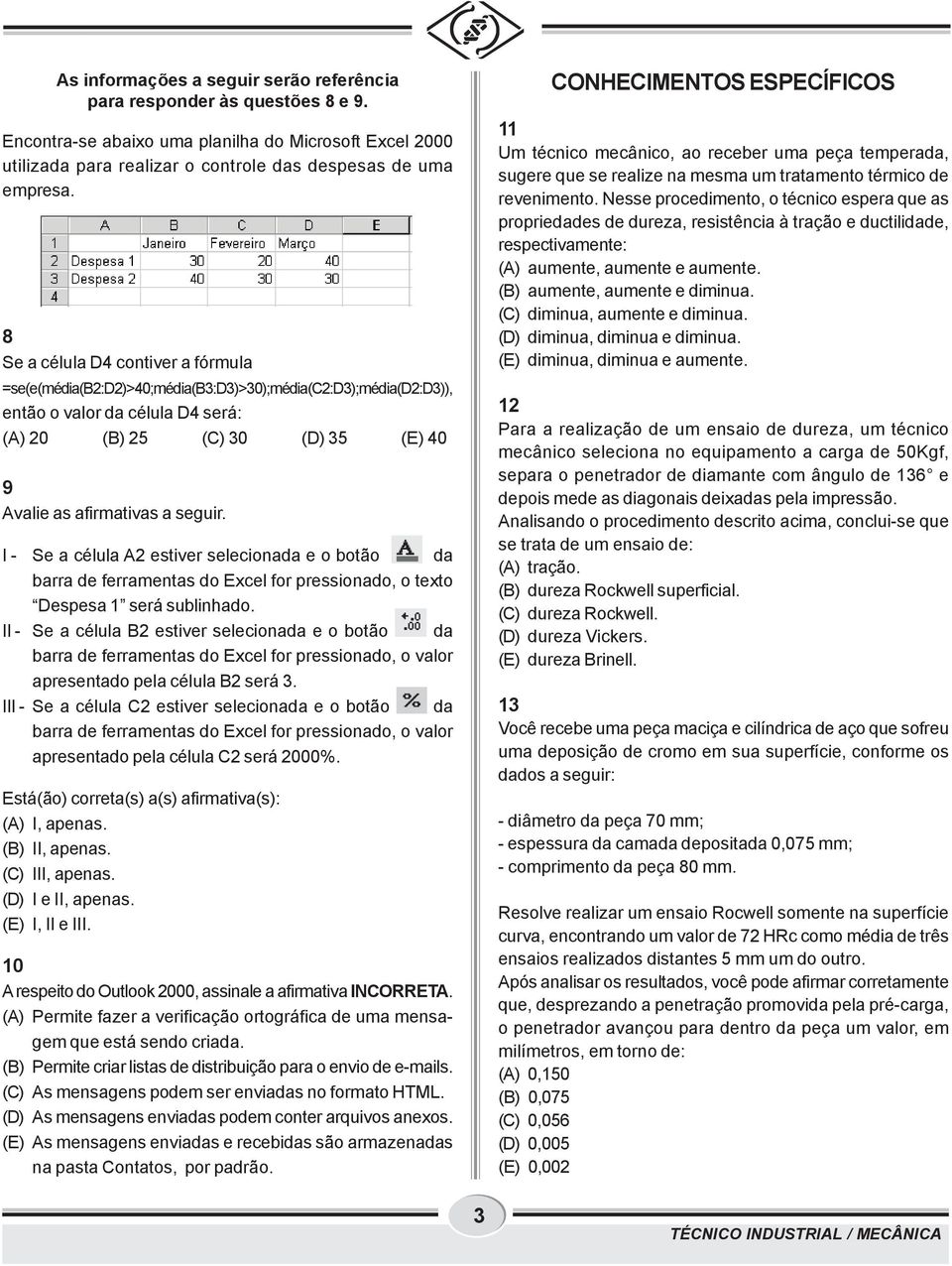 I - Se a célula A estiver selecionada e o botão da barra de ferramentas do Excel for pressionado, o texto Despesa será sublinhado.