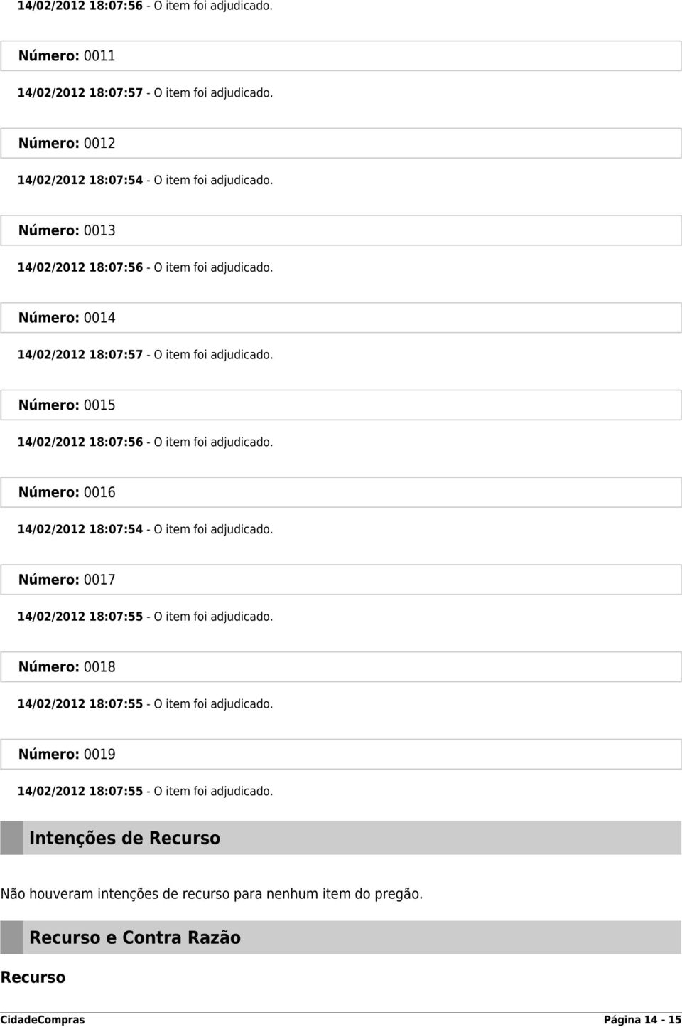 Número: 0016 14/02/2012 18:07:54 - O item foi adjudicado. Número: 0017 14/02/2012 18:07:55 - O item foi adjudicado. Número: 0018 14/02/2012 18:07:55 - O item foi adjudicado.