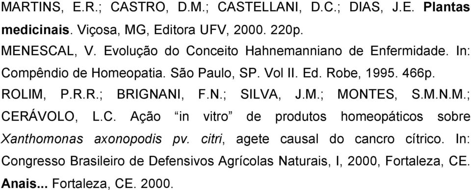 N.; SILVA, J.M.; MONTES, S.M.N.M.; CERÁVOLO, L.C. Ação in vitro de produtos homeopáticos sobre Xanthomonas axonopodis pv.