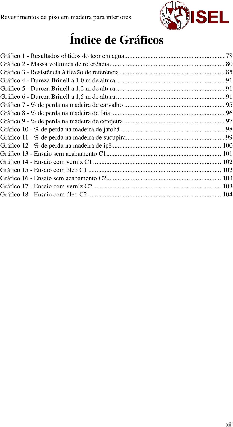 .. 91 Gráfico 7 - % de perda na madeira de carvalho... 95 Gráfico 8 - % de perda na madeira de faia... 96 Gráfico 9 - % de perda na madeira de cerejeira.