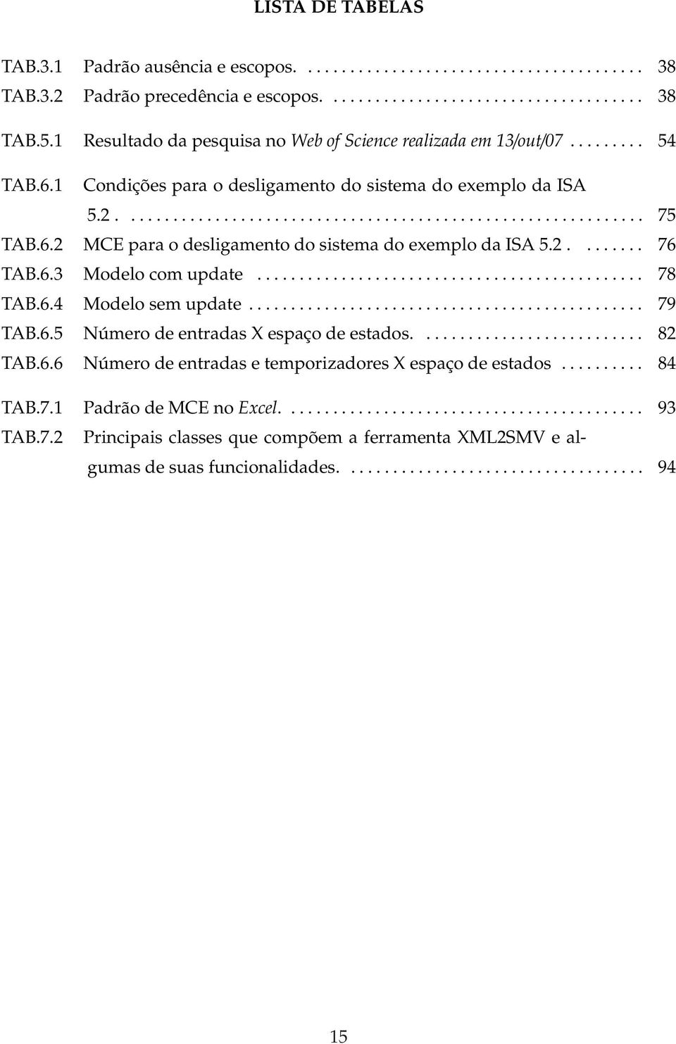 6.2 MCE para o desligamento do sistema do exemplo da ISA 5.2........ 76 TAB.6.3 Modelo com update.............................................. 78 TAB.6.4 Modelo sem update............................................... 79 TAB.