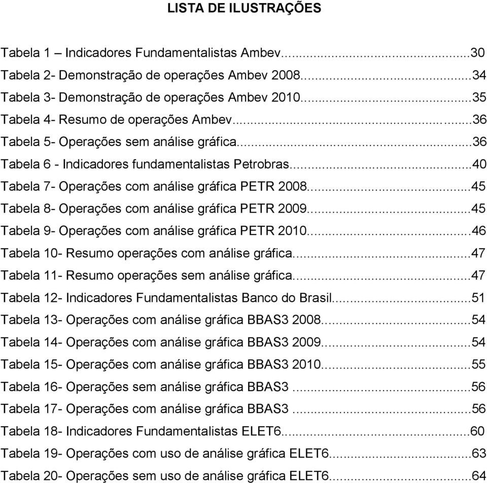 ..45 Tabela 8- Operações com análise gráfica PETR 2009...45 Tabela 9- Operações com análise gráfica PETR 2010...46 Tabela 10- Resumo operações com análise gráfica.