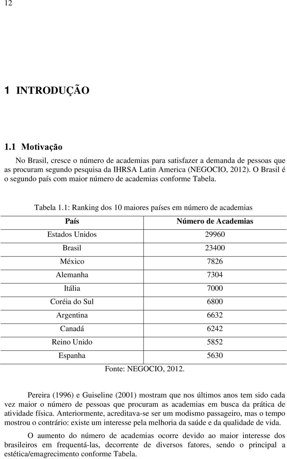 1: Ranking dos 10 maiores países em número de academias País Número de Academias Estados Unidos 29960 Brasil 23400 México 7826 Alemanha 7304 Itália 7000 Coréia do Sul 6800 Argentina 6632 Canadá 6242