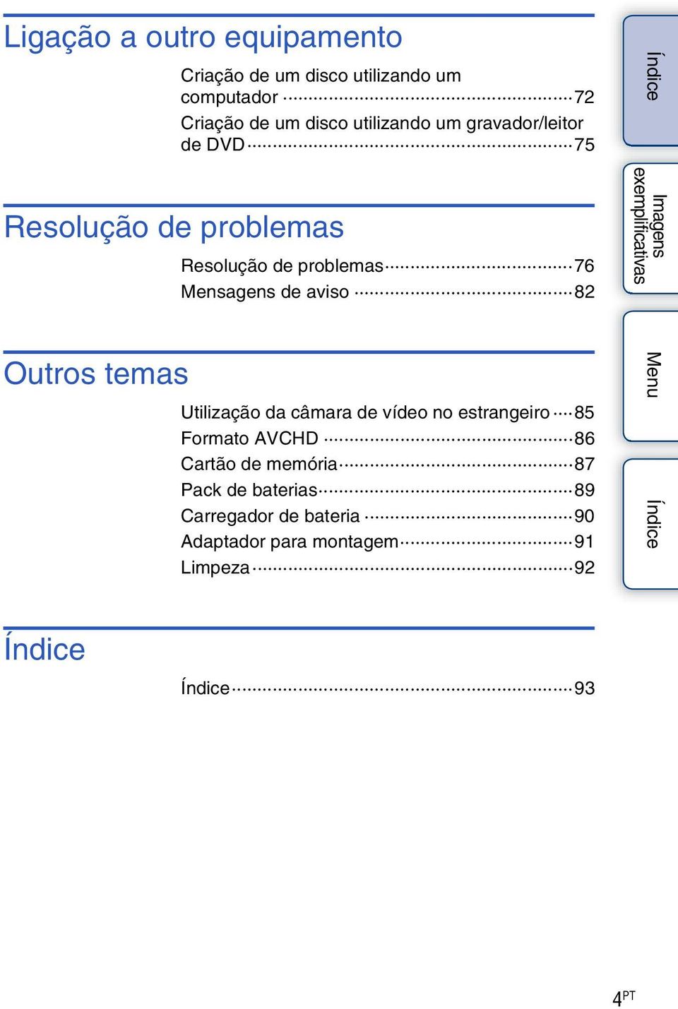 aviso 82 Outros temas Utilização da câmara de vídeo no estrangeiro 85 Formato AVCHD 86 Cartão de