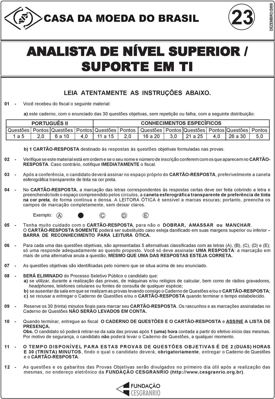 Pontos 2,0 CONHECIMENTOS ESPECÍFICOS Questões Pontos Questões Pontos 16 a 20 3,0 21 a 25 4,0 Questões 26 a 30 Pontos 5,0 b) 1 CARTÃO-RESPOSTA destinado às respostas às questões objetivas formuladas