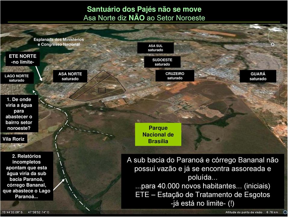 Relatórios incompletos apontam que esta água viria da sub bacia Paranoá, córrego Bananal, que abastece o Lago Paranoá.