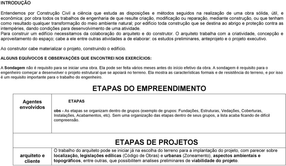 proteção contra as intempéries, dando condições para desenvolvimento de uma atividade. Para construir um edifício necessitamos da colaboração do arquiteto e do construtor.