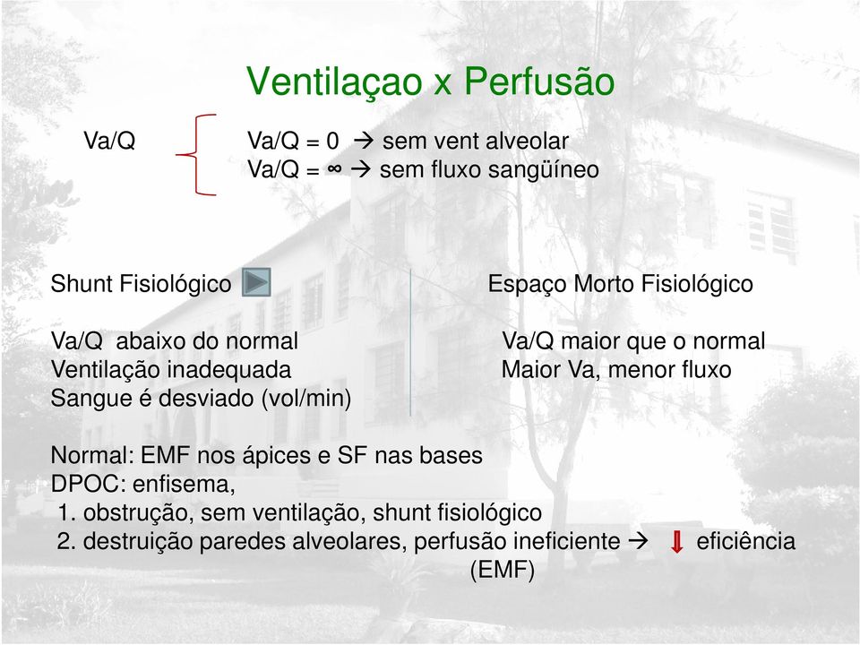 menor fluxo Sangue é desviado (vol/min) Normal: EMF nos ápices e SF nas bases DPOC: enfisema, 1.