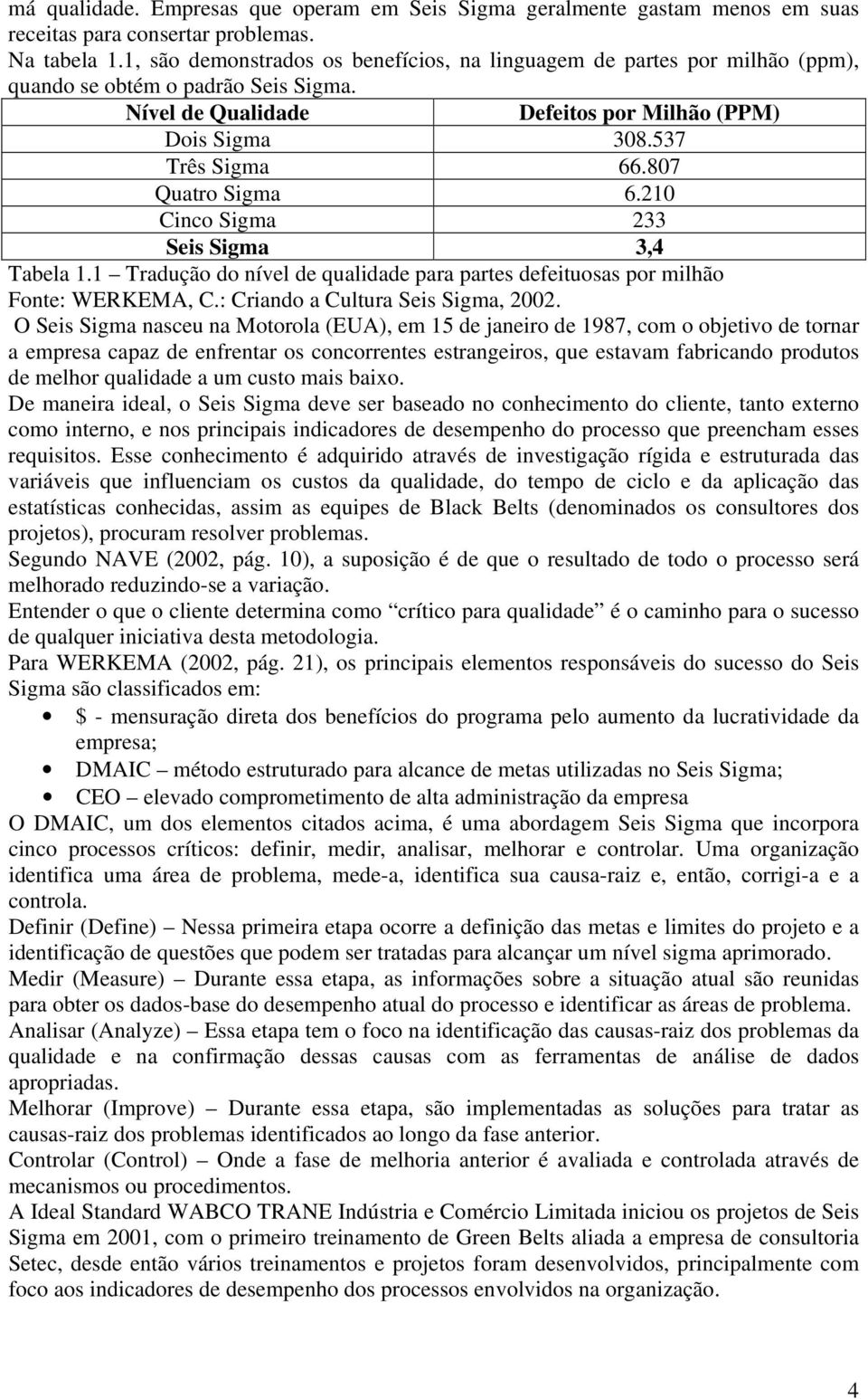 807 Quatro Sigma 6.210 Cinco Sigma 233 Seis Sigma 3,4 Tabela 1.1 Tradução do nível de qualidade para partes defeituosas por milhão Fonte: WERKEMA, C.: Criando a Cultura Seis Sigma, 2002.