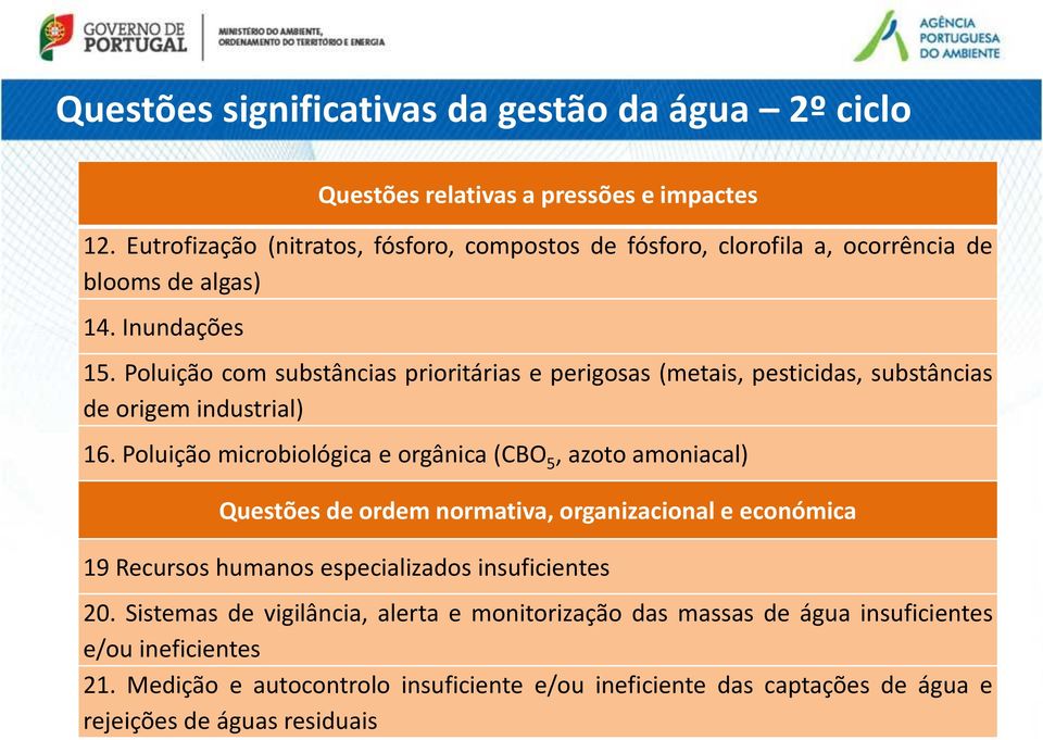 Poluição com substâncias prioritárias e perigosas (metais, pesticidas, substâncias de origem industrial) 16.