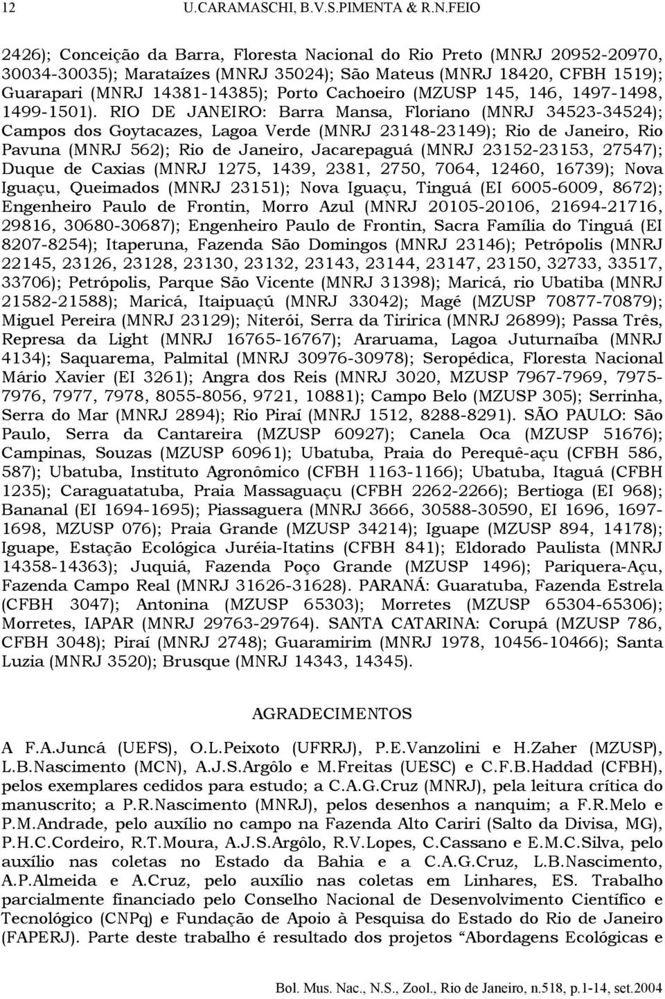 FEIO 2426); Conceição da Barra, Floresta Nacional do Rio Preto (MNRJ 20952-20970, 30034-30035); Marataízes (MNRJ 35024); São Mateus (MNRJ 18420, CFBH 1519); Guarapari (MNRJ 14381-14385); Porto