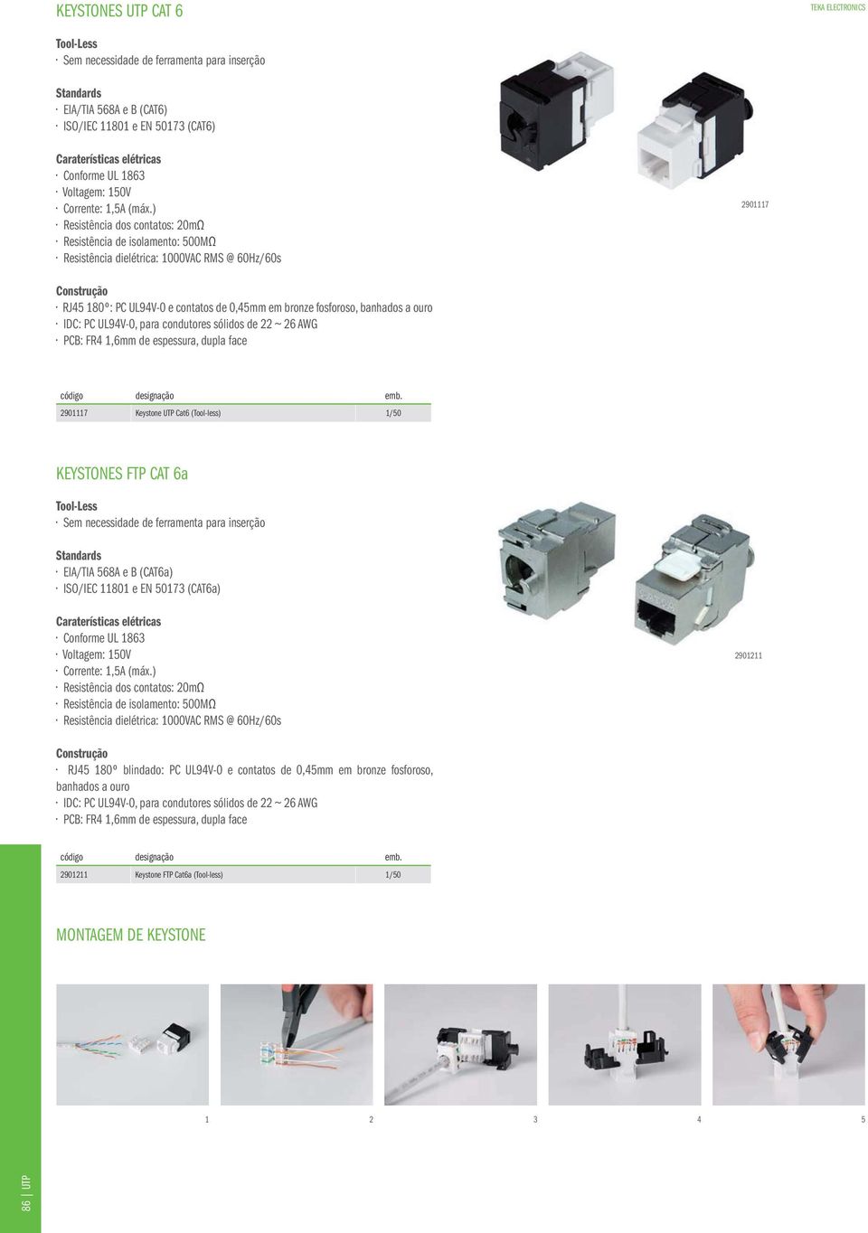 ) Resistência dos contatos: 20mΩ Resistência de isolamento: 500MΩ Resistência dielétrica: 1000VAC RMS @ 60Hz/60s 2901117 Construção RJ45 180º: PC UL94V-0 e contatos de 0,45mm em bronze fosforoso,