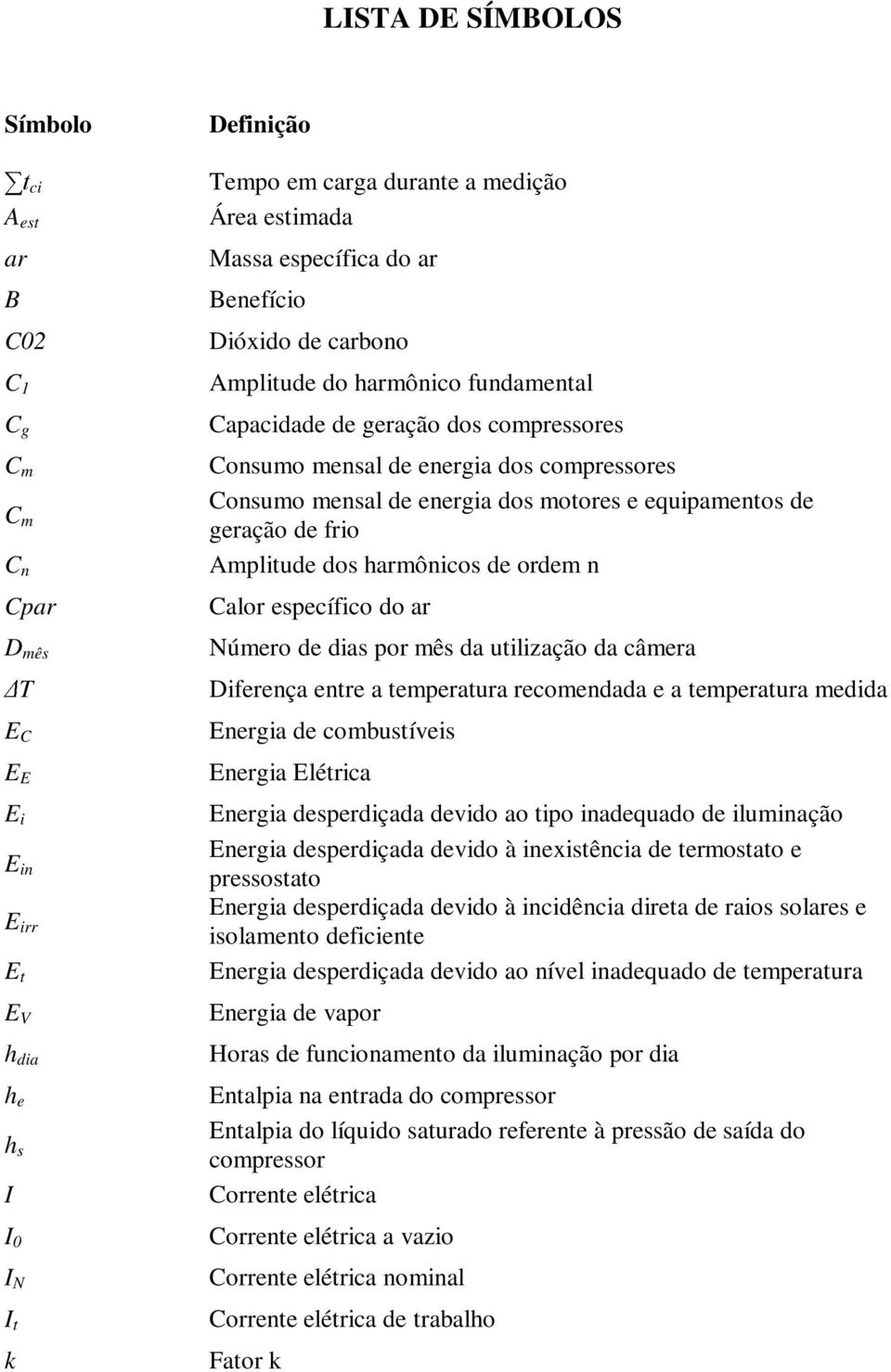 motores e equipamentos de geração de frio Amplitude dos harmônicos de ordem n Calor específico do ar Número de dias por mês da utilização da câmera Diferença entre a temperatura recomendada e a