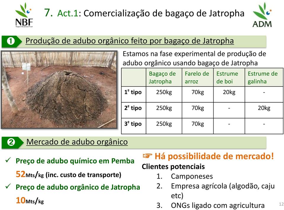 orgânico usando bagaço de Jatropha Bagaço de Jatropha Farelo de arroz Estrume de boi Estrume de galinha 1 º tipo 250kg 70kg 20kg - 2 º tipo 250kg 70kg -