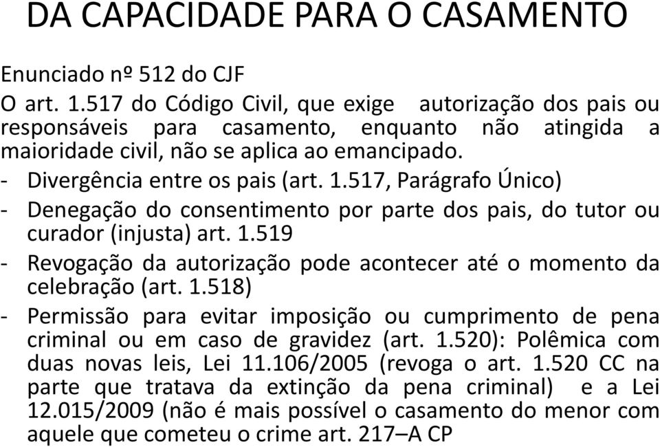 517, Parágrafo Único) - Denegação do consentimento por parte dos pais, do tutor ou curador (injusta) art. 1.