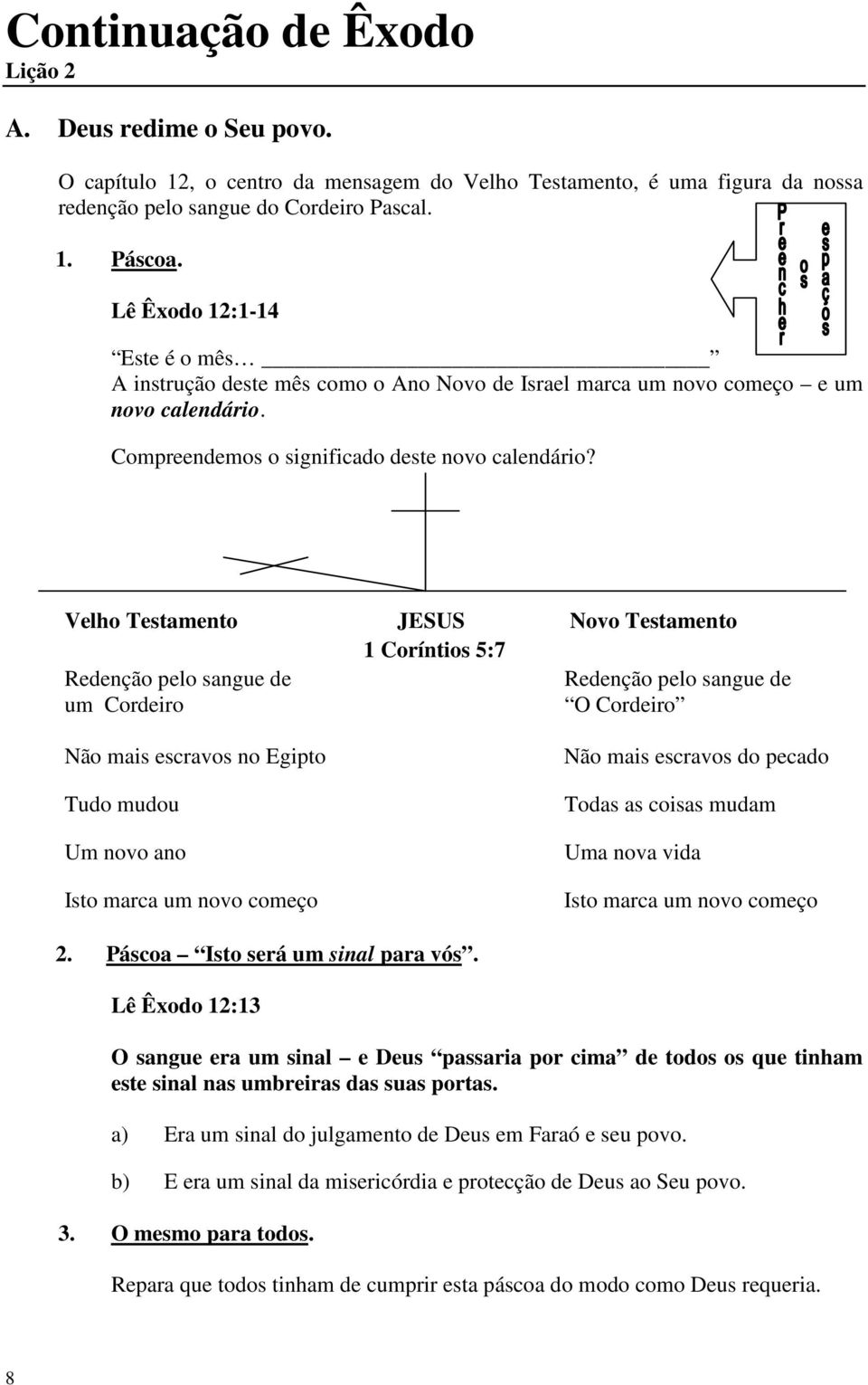 Velho Testamento JESUS Novo Testamento 1 Coríntios 5:7 Redenção pelo sangue de um Cordeiro Redenção pelo sangue de O Cordeiro Não mais escravos no Egipto Tudo mudou Um novo ano Isto marca um novo