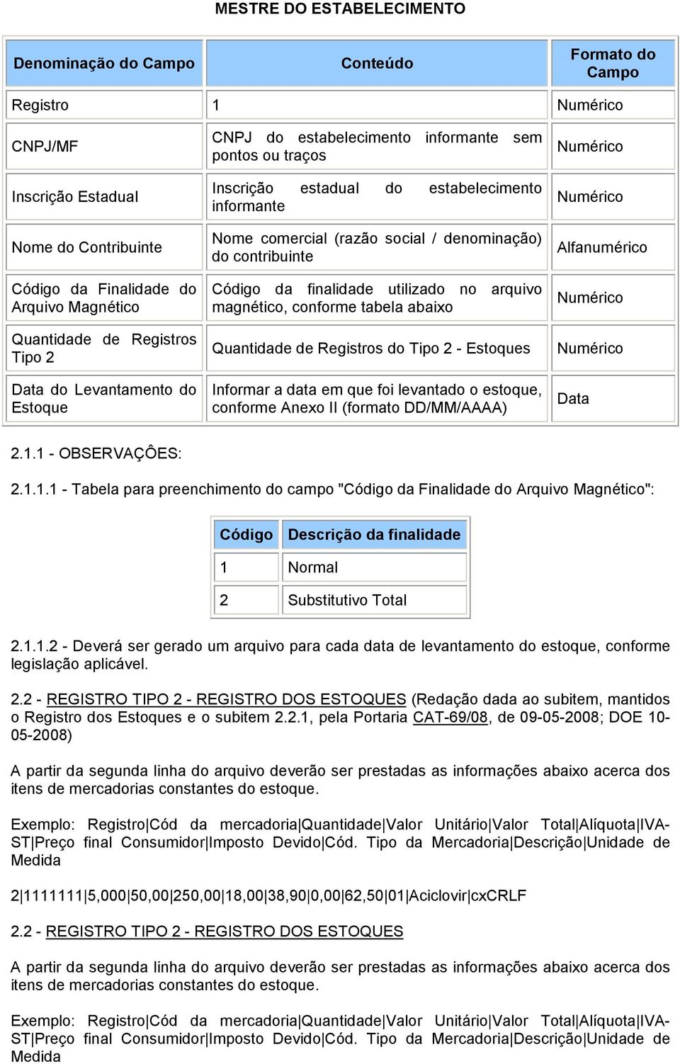 do contribuinte Código da finalidade utilizado no arquivo magnético, conforme tabela abaixo Quantidade de Registros do Tipo 2 - Estoques Informar a data em que foi levantado o estoque, conforme Anexo