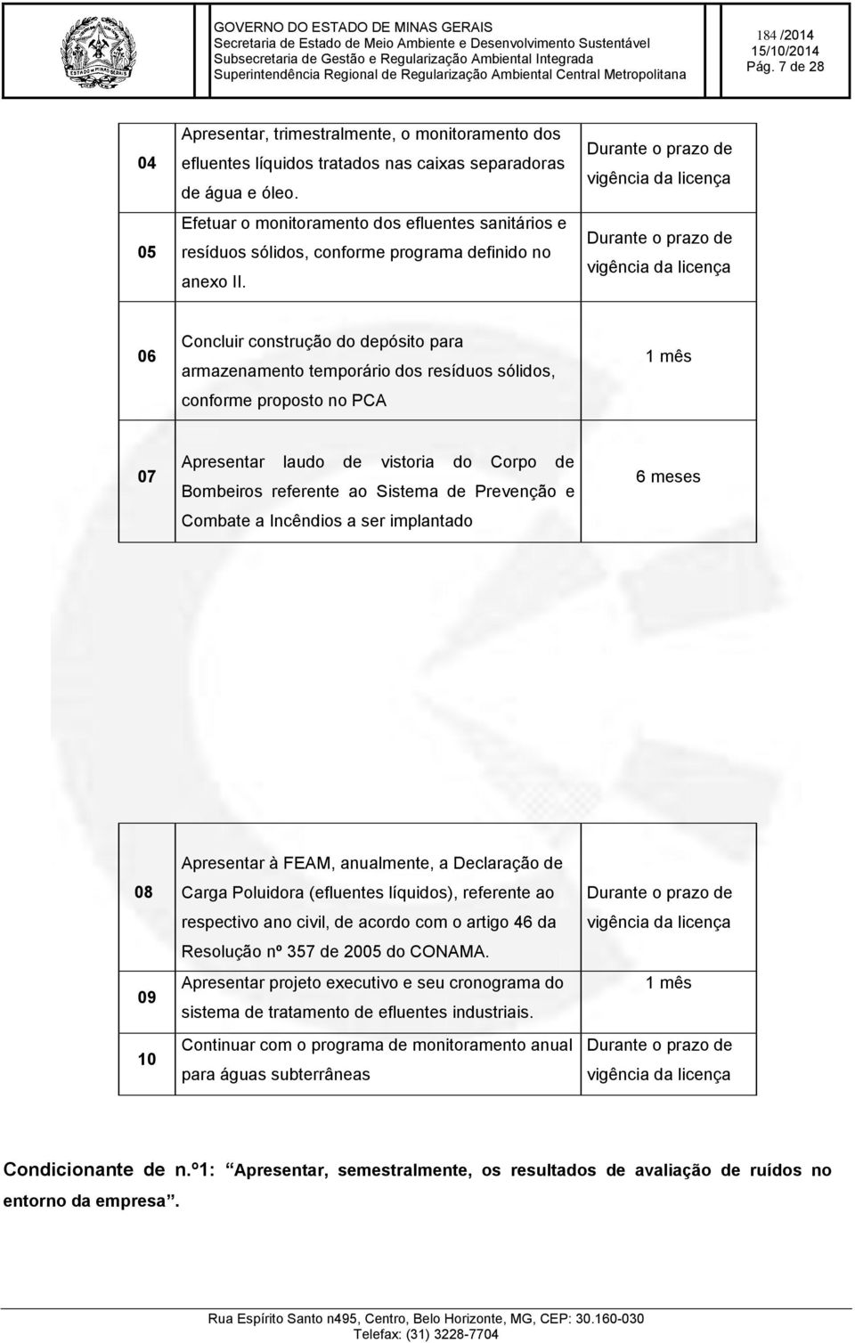 Durante o prazo de vigência da licença Durante o prazo de vigência da licença 06 Concluir construção do depósito para armazenamento temporário dos resíduos sólidos, conforme proposto no PCA 1 mês 07