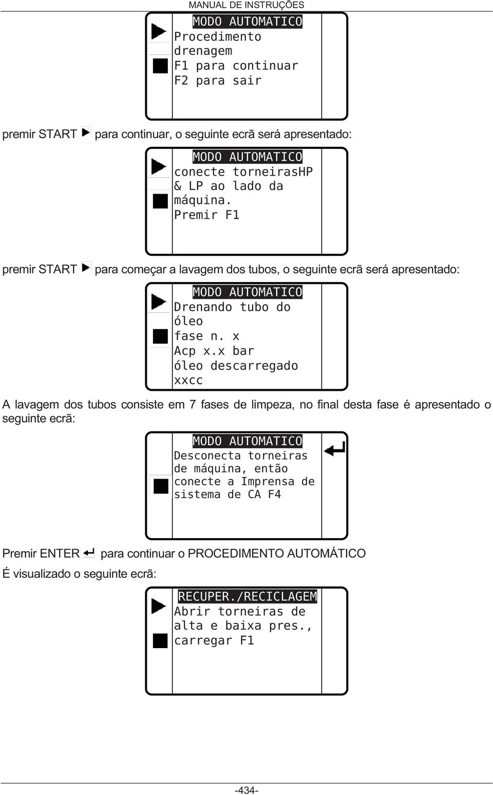 x bar óleo descarregado cc A lavagem dos tubos consiste em 7 fases de limpeza, no final desta fase é apresentado o seguinte ecrã: MODO AUTOMATICO Desconecta torneiras de máquina,