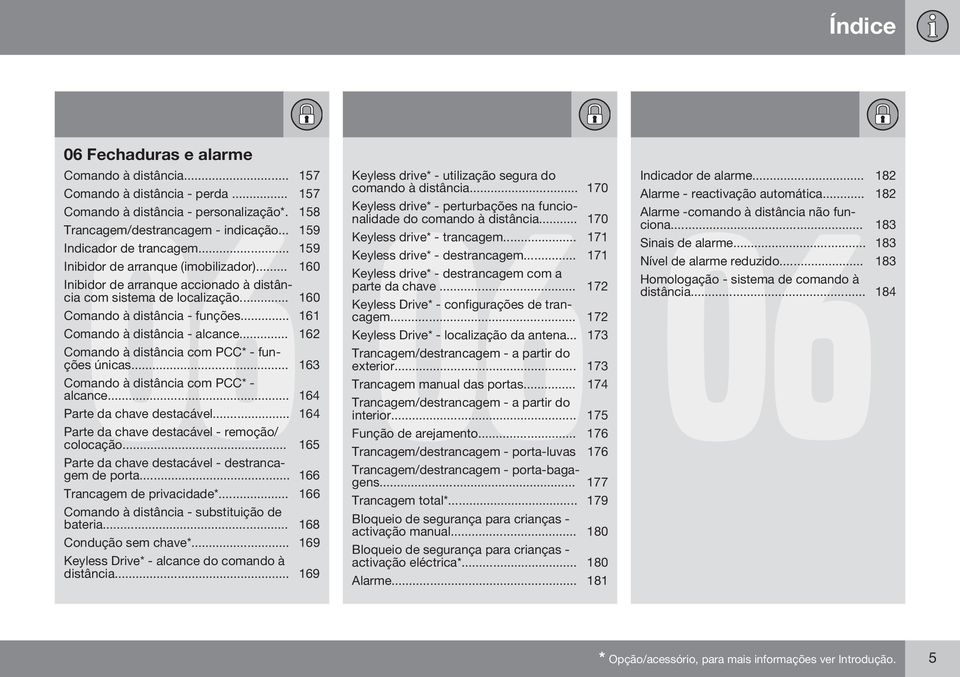 .. 161 Comando à distância - alcance... 162 Comando à distância com PCC* - funções únicas... 163 Comando à distância com PCC* - alcance... 164 Parte da chave destacável.