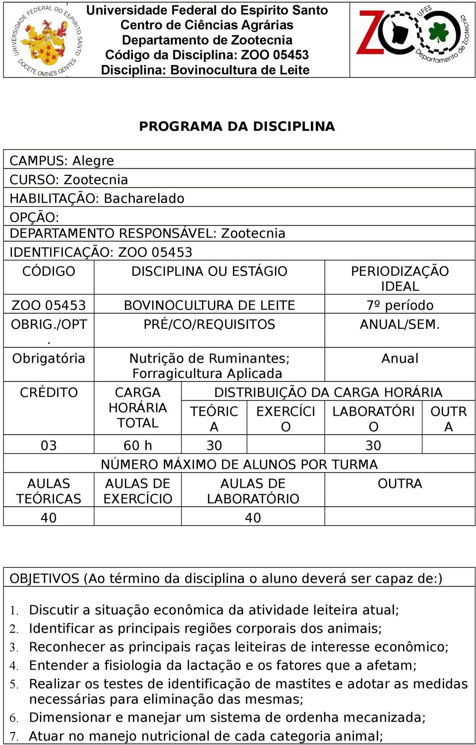 período OBRIG./OPT. Obrigatória CRÉDITO PRÉ/CO/REQUISITOS Nutrição de Ruminantes; Forragicultura Aplicada CARGA HORÁRIA TOTAL ANUAL/SEM.