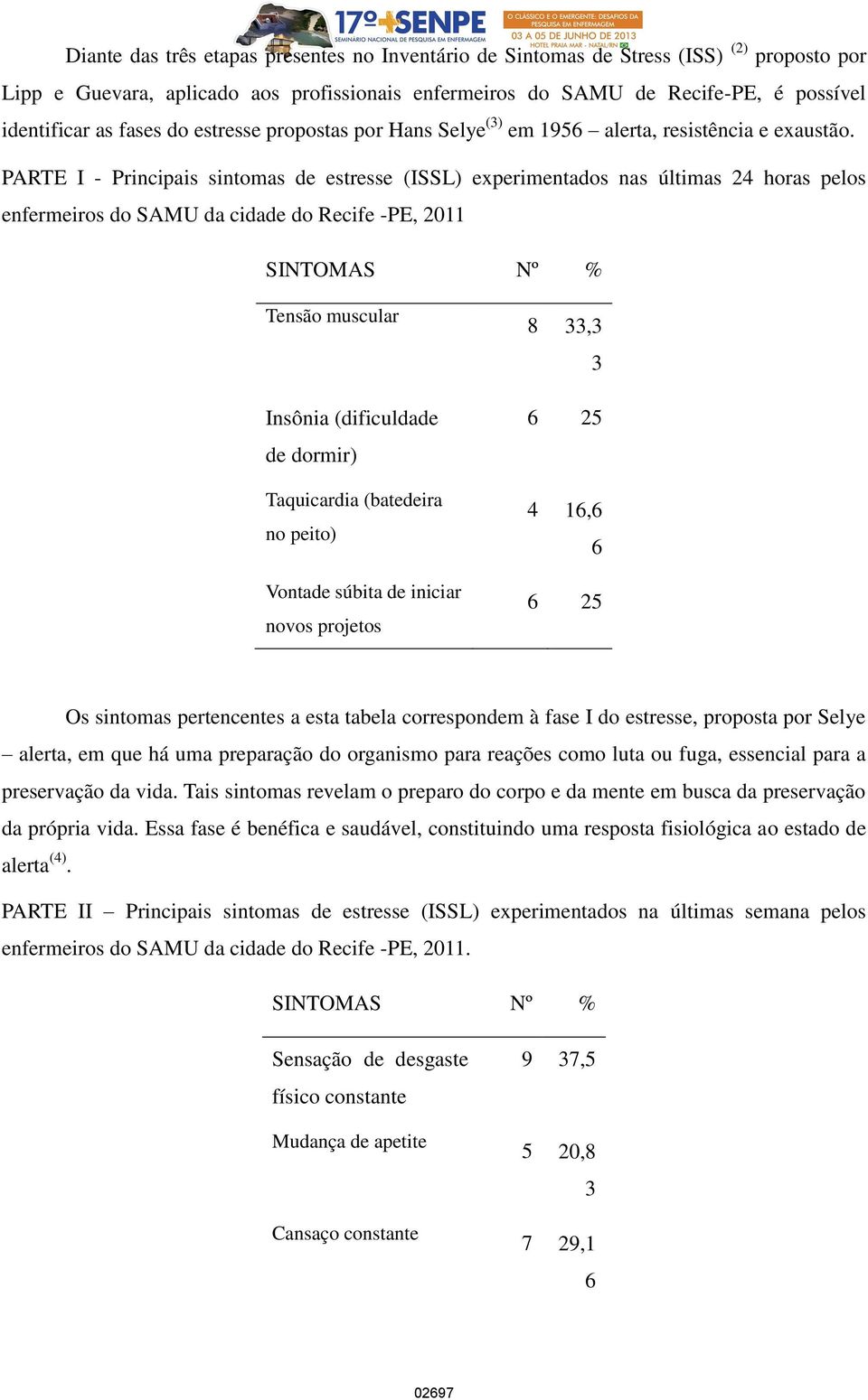 PARTE I - Principais sintomas de estresse (ISSL) experimentados nas últimas 24 horas pelos enfermeiros do SAMU da cidade do Recife -PE, 2011 Tensão muscular Insônia (dificuldade de dormir)