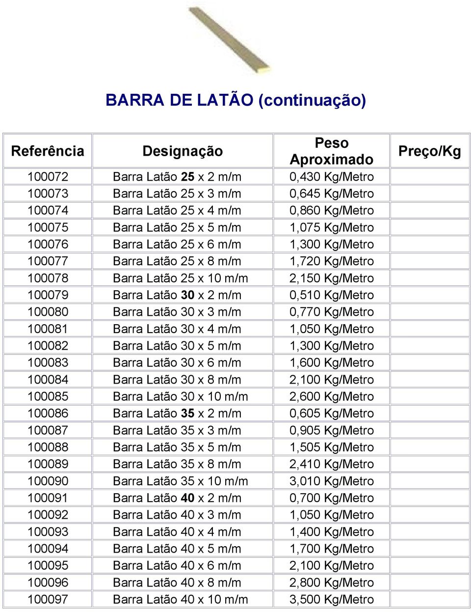 Barra Latão 30 x 3 m/m 0,770 Kg/Metro 100081 Barra Latão 30 x 4 m/m 1,050 Kg/Metro 100082 Barra Latão 30 x 5 m/m 1,300 Kg/Metro 100083 Barra Latão 30 x 6 m/m 1,600 Kg/Metro 100084 Barra Latão 30 x 8