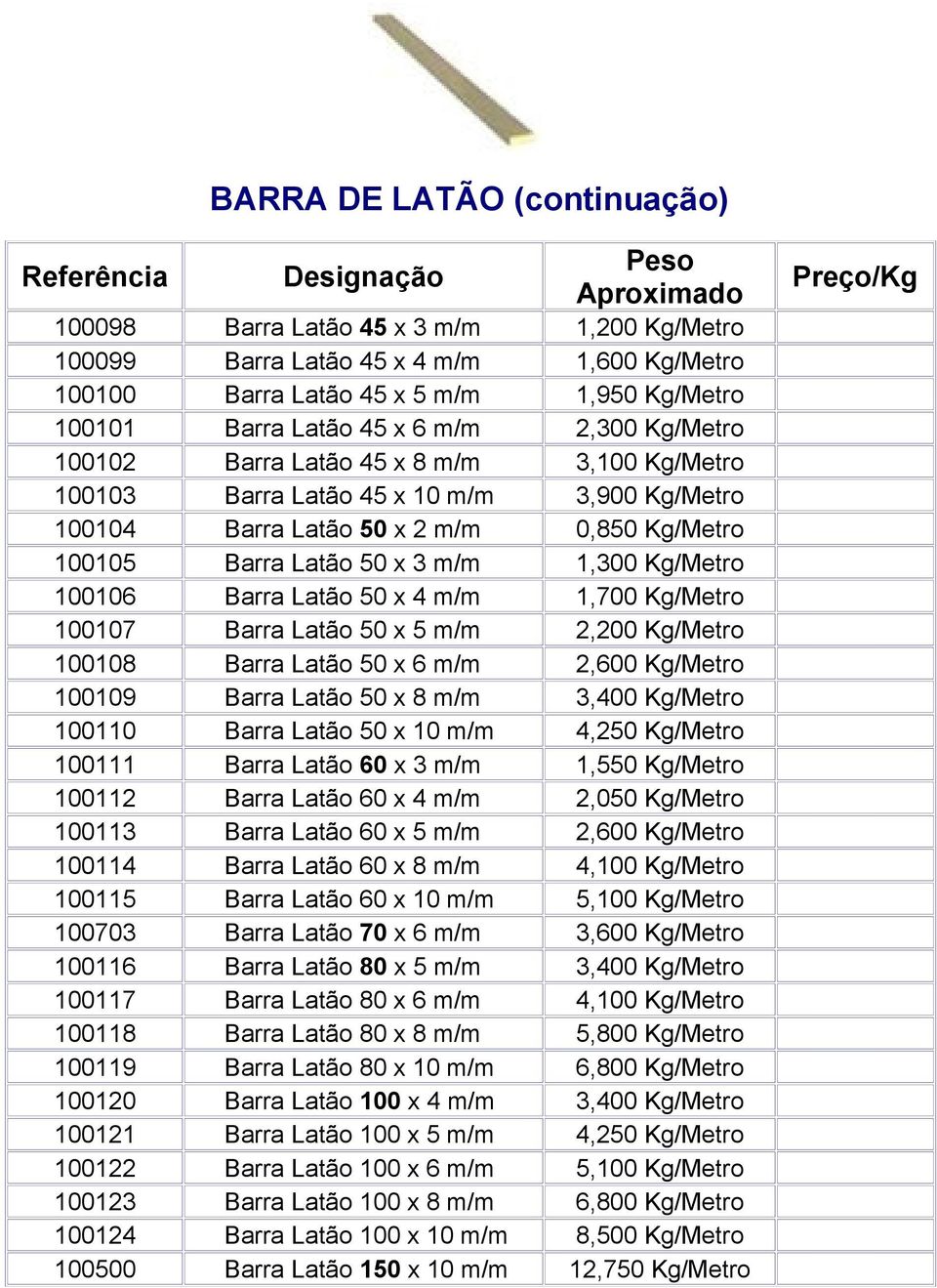 Barra Latão 50 x 4 m/m 1,700 Kg/Metro 100107 Barra Latão 50 x 5 m/m 2,200 Kg/Metro 100108 Barra Latão 50 x 6 m/m 2,600 Kg/Metro 100109 Barra Latão 50 x 8 m/m 3,400 Kg/Metro 100110 Barra Latão 50 x 10