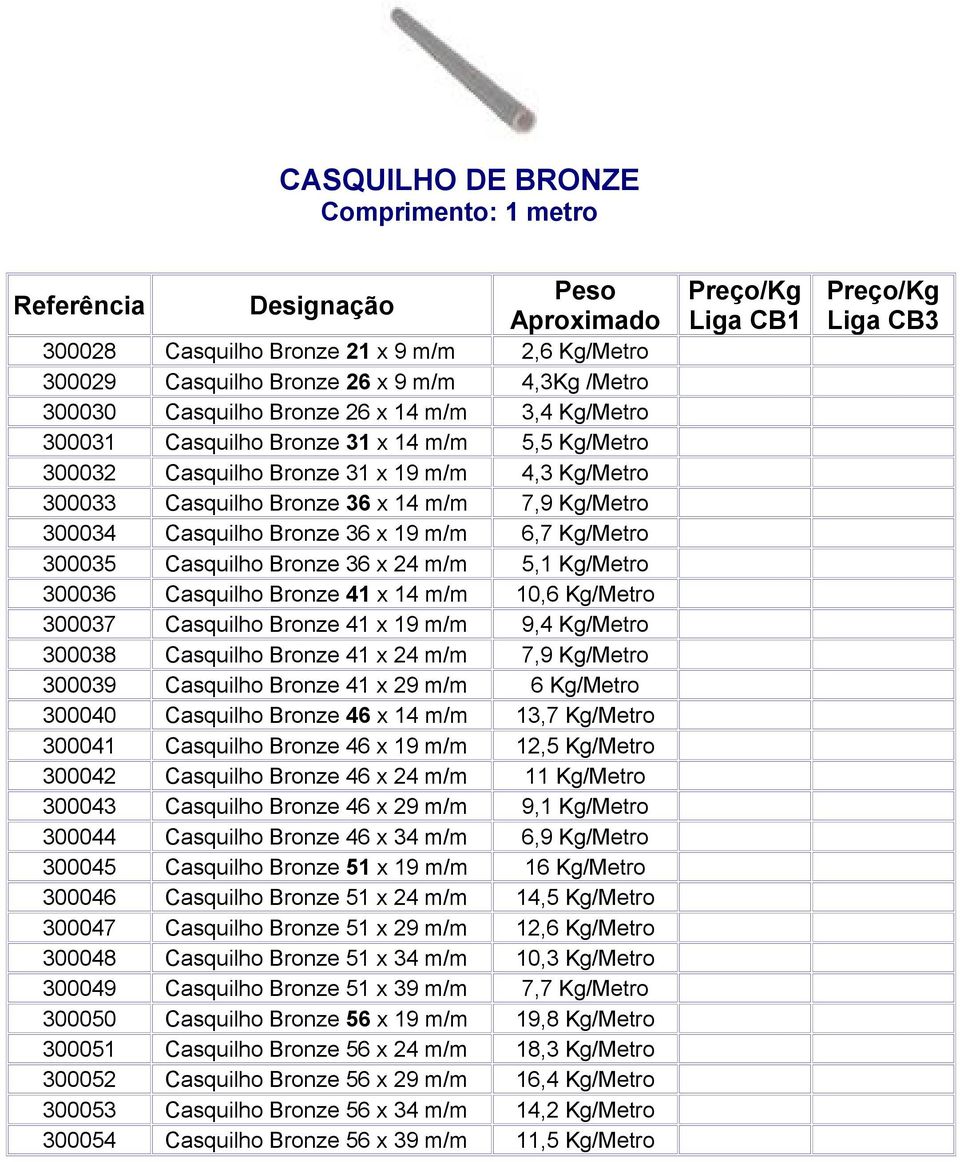 Casquilho Bronze 36 x 24 m/m 5,1 Kg/Metro 300036 Casquilho Bronze 41 x 14 m/m 10,6 Kg/Metro 300037 Casquilho Bronze 41 x 19 m/m 9,4 Kg/Metro 300038 Casquilho Bronze 41 x 24 m/m 7,9 Kg/Metro 300039