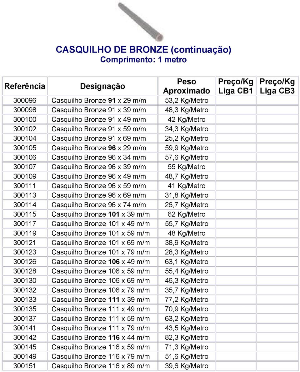 Kg/Metro 300107 Casquilho Bronze 96 x 39 m/m 55 Kg/Metro 300109 Casquilho Bronze 96 x 49 m/m 48,7 Kg/Metro 300111 Casquilho Bronze 96 x 59 m/m 41 Kg/Metro 300113 Casquilho Bronze 96 x 69 m/m 31,8